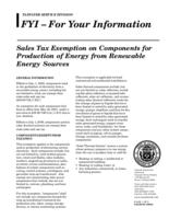 Sales tax exemption on components for production of energy from renewable energy sources