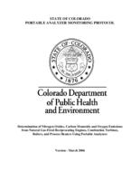 State of Colorado portable analyzer monitoring protocol : determination of nitrogen oxides, carbon monoxide and oxygen emissions from natural gas-fired reciprocating engines, combustion turbines, boilers and process heaters using portable analyzers