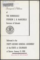 Inaugural message of the Honorable Stephen L.R. McNichols, Governor of Colorado delivered to the forty-second General Assembly of the state of Colorado : at Denver January 13, 1959