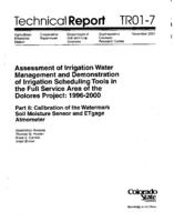 Assessment of irrigation water management and demonstration of irrigation scheduling tools in the full service area of the Dolores Project, 1996-2000. Part 2, Calibration of the watermark soil moisture sensor and ETgage atmometer