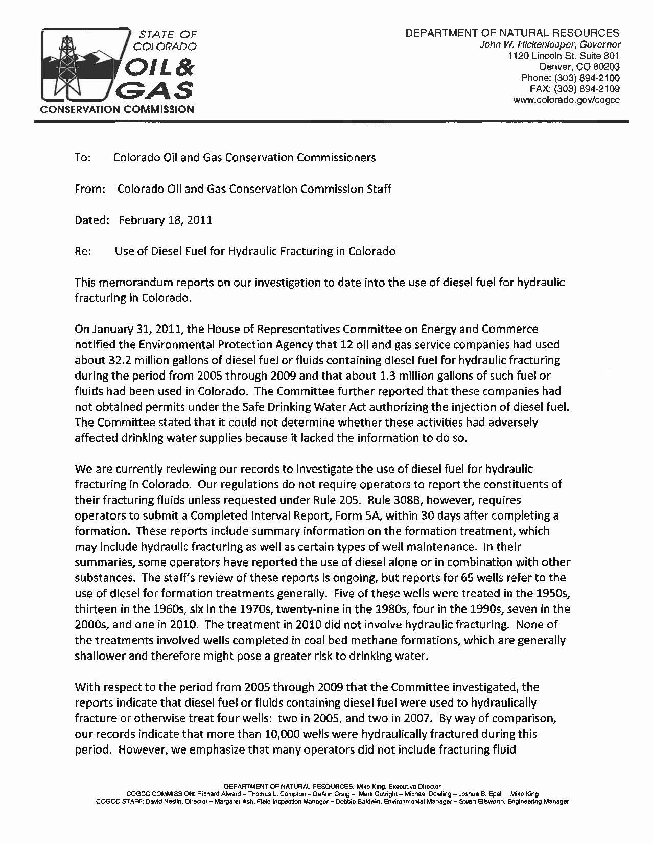 Use of diesel fuel for hydraulic fracturing in Colorado