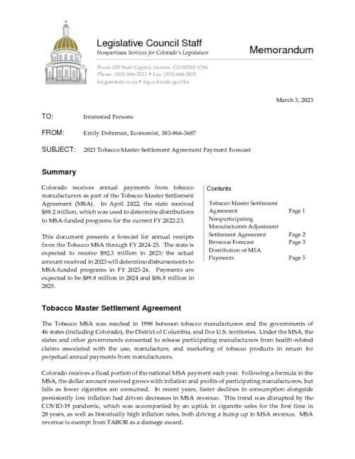 the tobacco master settlement agreement 2023 Tobacco Master Settlement Agreement payment forecast